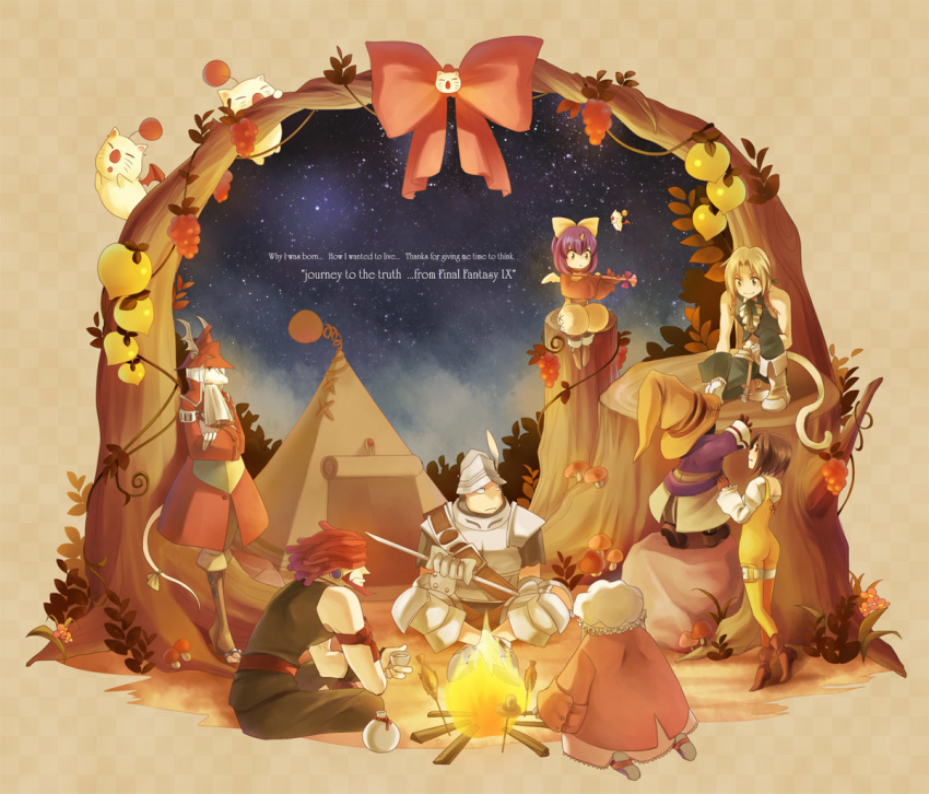 1other 3girls 4boys adelbert_steiner black_hair bodysuit breasts campfire celestial_s closed_mouth commentary_request eiko_carol everyone final_fantasy final_fantasy_ix freija_crescent garnet_til_alexandros_xvii long_hair medium_hair moogle multiple_boys multiple_girls night night_sky open_mouth orange_bodysuit outdoors quina_quen salamander_coral short_hair sky tent vivi_ornitier zidane_tribal