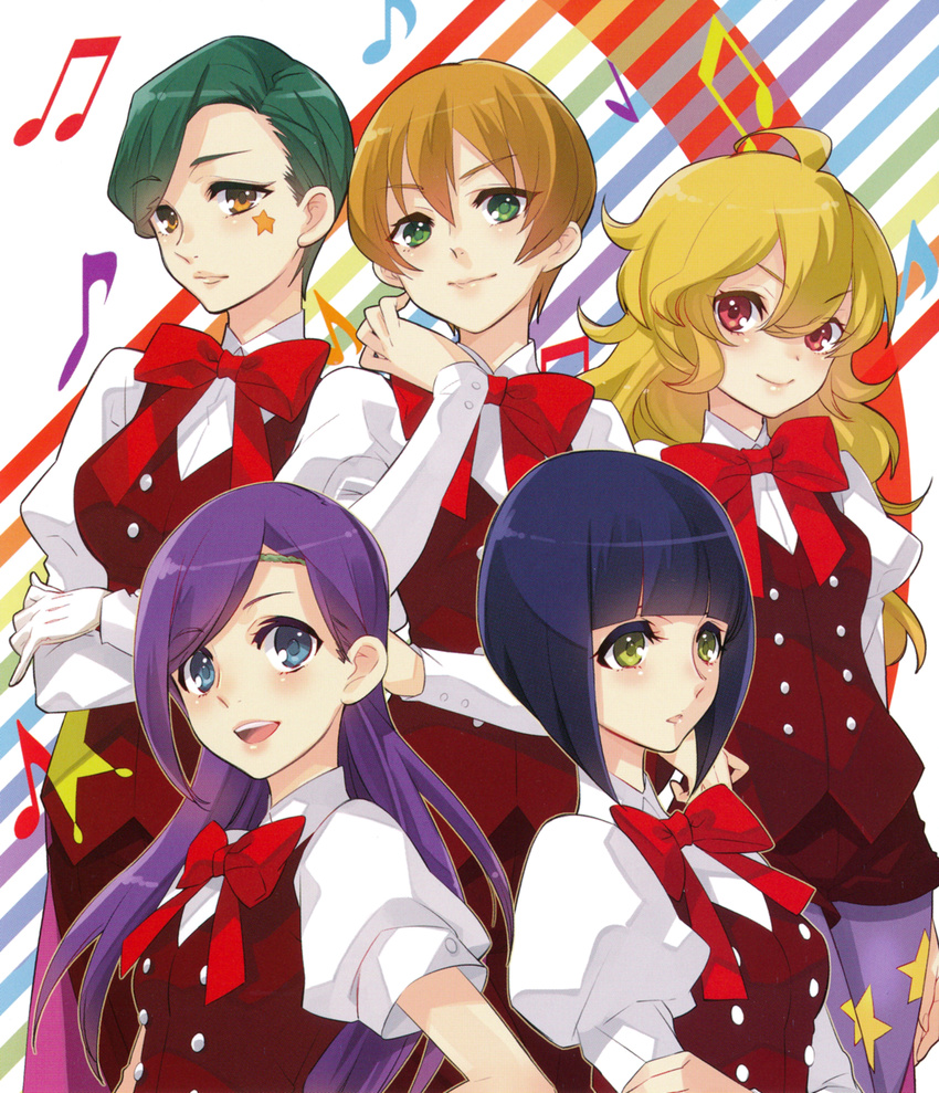 5girls absurdres beamed_eighth_notes black_hair blonde_hair blue_eyes brown_eyes brown_hair concrete_revolutio eighth_note green_eyes green_hair highres ito_noizi long_hair multiple_girls musical_note neck_ribbon official_art purple_hair quarter_note red_eyes ribbon scan shirt short_hair smile star_(symbol) uniform wavy_hair white_shirt