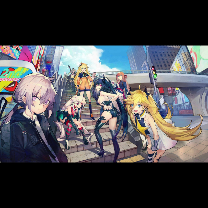 6+girls aa-12_(girls'_frontline) ahoge black_hair black_thighhighs blonde_hair blue_eyes blue_sky blush breasts brown_hair building clear_(djmax) cloud crossover djmax djmax_respect eyepatch fail_(djmax) girls'_frontline green_eyes hair_between_eyes high_heels highres jacket letterboxed long_hair m200_(girls'_frontline) micro_uzi_(girls'_frontline) multiple_girls necktie official_art oop orange_hair pink_eyes purple_eyes s.a.t.8_(girls'_frontline) shirt skirt sky skyscraper smile springfield_(girls'_frontline) stairs thighhighs traffic_light twintails v white_shirt