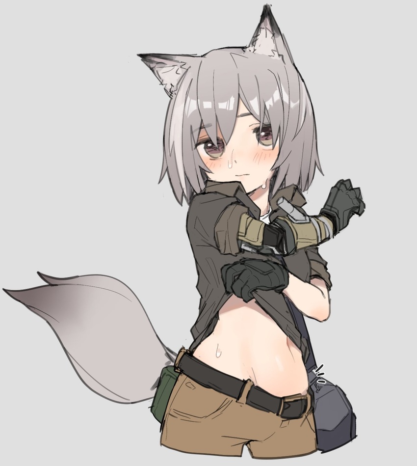 animal_ear_fluff animal_ears arm_across_chest belt belt_pouch blush brown_eyes brown_shorts clothes_lift collared_shirt cropped_legs emphasis_lines eyebrows_hidden_by_hair female fox_ears fox_girl fox_tail gloves grey_background grey_hair grey_shirt grey_tail groin highres jaana_kettu kpe934k0s282b2 looking_at_viewer mechanical_arms midriff navel nervous original pouch prosthesis prosthetic_arm shirt shirt_lift short_hair short_shorts short_sleeves shorts simple_background single_mechanical_arm sleeves_rolled_up solo sweat tactical_clothes tail