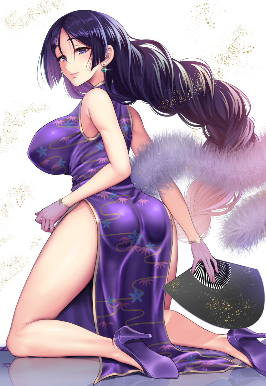 ass back bare_shoulders blush braid breasts china_dress chinese_clothes dress earrings fate/grand_order fate_(series) feather_boa female gloves high_heels highres jewelry kneeling large_breasts long_hair looking_at_viewer looking_back minamoto_no_raikou_(fate) minamoto_no_raikou_(traveling_outfit)_(fate) parted_bangs purple_dress purple_eyes purple_gloves purple_hair side_slit smile solo very_long_hair youshuu