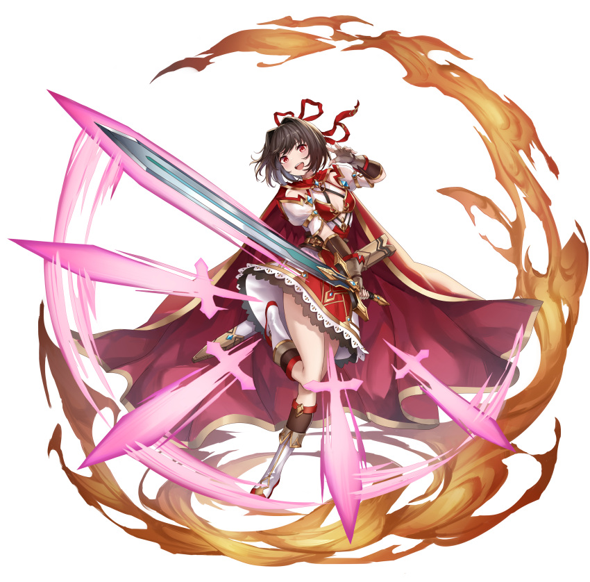 absurdres belt blush breasts brown_hair chinese_commentary commentary detached_sleeves female fingerless_gloves full_body gloves highres holding holding_sword holding_weapon ji_dan looking_at_viewer open_mouth original red_eyes short_hair small_breasts solo sword weapon white_background