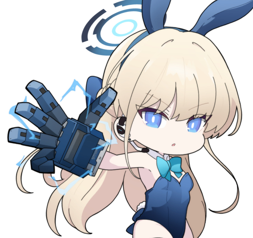 animal_ears blonde_hair blue_archive blue_bow blue_eyes blue_hairband blue_halo blue_leotard bow braid chibi collar commentary_request detached_collar earpiece earrings electricity fake_animal_ears female hairband halo highleg highleg_leotard jewelry leotard long_hair mechanical_arms nyaru_(nyaru_4126) official_alternate_costume playboy_bunny rabbit_ears rabbit_tail simple_background single_mechanical_arm solo strapless strapless_leotard stud_earrings tail toki_(blue_archive) toki_(bunny)_(blue_archive) v-shaped_eyebrows very_long_hair white_background white_collar wing_collar