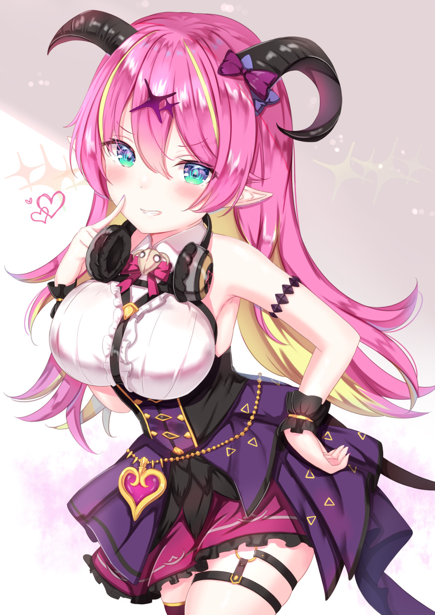 blue_eyes breasts commentary_request demon_horns demon_tail female hair_between_eyes hair_ornament headphones headphones_around_neck heart highres hololive horns large_breasts mano_aloe multicolored_hair pink_hair simple_background sleeveless tail virtual_youtuber yuano