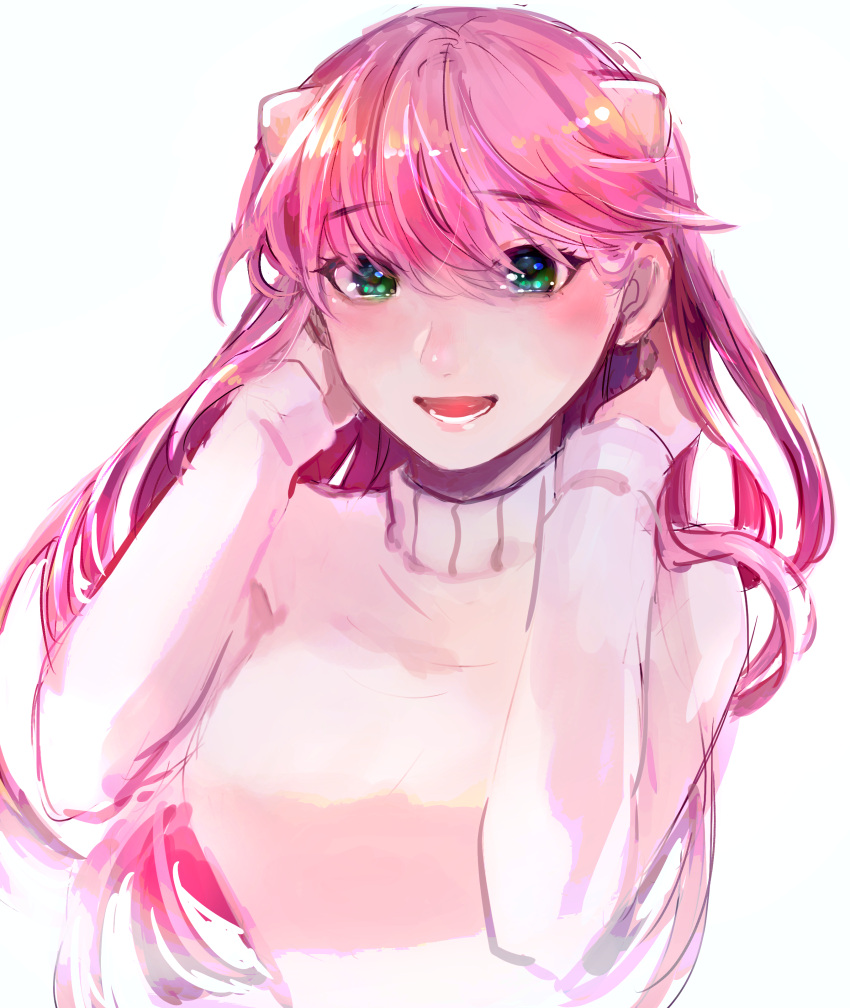 :d absurdres blush breasts commentary elfen_lied female green_eyes hagioshi hair_between_eyes hands_in_hair highres horns long_hair long_sleeves looking_at_viewer medium_breasts nyuu open_mouth pink_hair simple_background smile solo sweater turtleneck turtleneck_sweater white_background white_sweater