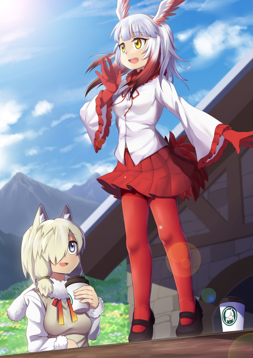 2girls :d absurdres alpaca_ears alpaca_suri_(kemono_friends) animal_ears arm_rest bird_tail bird_wings blonde_hair blue_eyes blue_sky blunt_bangs caibao_return cloud coat commentary cup day disposable_coffee_cup disposable_cup floating_hair frilled_sleeves frills fur-trimmed_sleeves fur_collar fur_scarf fur_trim gloves hair_over_one_eye head_wings highres holding holding_cup japanese_crested_ibis_(kemono_friends) kemono_friends long_hair long_sleeves looking_afar looking_at_another medium_hair miniskirt multicolored_hair multiple_girls neck_ribbon open_mouth orange_eyes outdoors outstretched_arm outstretched_hand pantyhose parted_bangs photoshop_(medium) pleated_skirt red_hair red_legwear ribbon scarf shoes skirt sky smile spread_fingers standing tail teeth two-tone_hair upper_teeth_only vest white_hair wide_sleeves wind wings