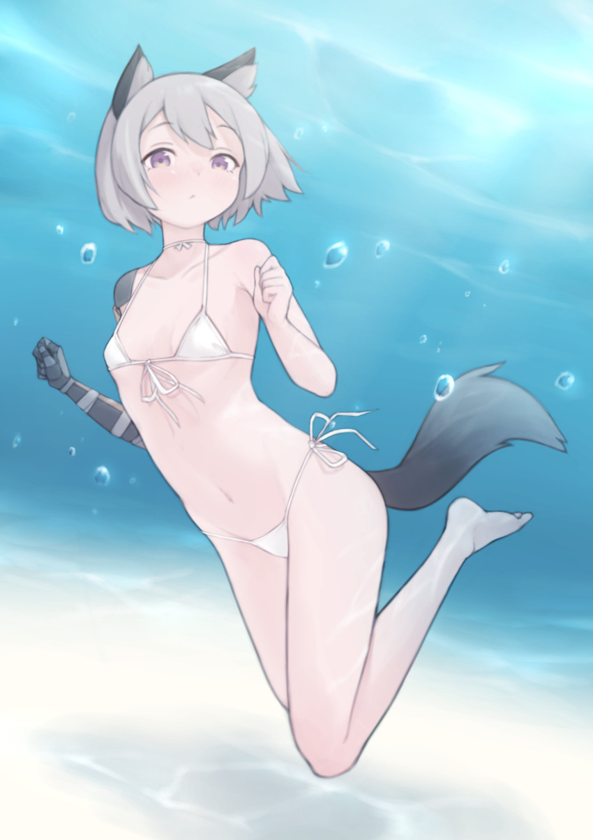 absurdres afloat animal_ear_fluff animal_ears bikini bubble collarbone commentary expressionless feet_up female flat_chest fox_ears fox_girl fox_tail freediving front-tie_bikini_top front-tie_top full_body grey_hair grey_tail groin hair_between_eyes halterneck hands_up highres jaana_kettu looking_at_viewer mechanical_arms micro_bikini navel original peachyp prosthesis prosthetic_arm purple_eyes second-party_source short_hair side-tie_bikini_bottom single_mechanical_arm solo submerged swimsuit symbol-only_commentary tail underwater white_bikini