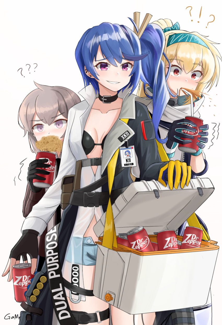 !? 3girls ? ?? artist_name black_choker black_gloves black_jacket blonde_hair blue_hair blush brand_name_imitation breasts can character_name choker collar collarbone cooler denim denim_shorts dr_pepper drink drink_can drinking drinking_straw ear_piercing english_commentary feet_out_of_frame fingerless_gloves foaming_at_the_mouth gamryous girls'_frontline gloves green_hairband green_ribbons grey_hair hair_ornament hair_ribbon hairband highres holding holding_jar id_card jacket jacket_on_shoulders jar k11_(girls'_frontline) long_hair looking_at_viewer m200_(girls'_frontline) mouth_hold multiple_girls open_clothes open_jacket open_mouth open_shirt piercing ponytail purple_eyes red_eyes ribbon shirt shorts side_ponytail small_breasts smile smug soda soda_can spit_take spitting standing sv-98_(girls'_frontline) sv-98_(mod3)_(girls'_frontline) teeth_hold white_background white_shirt