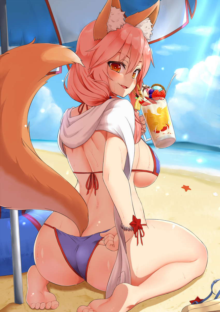 adjusting_clothes adjusting_swimsuit animal_ears ass barefoot beach bikini blue_bikini blue_sky breasts butt_crack chiroshiron cloud cup day fate/grand_order fate_(series) feet female food fox_ears fox_tail from_behind fruit hat highres holding holding_cup large_breasts long_hair looking_at_viewer looking_back ocean oerba_yun_fang orange_eyes outdoors parted_lips pink_hair shirt sitting sky smile soles solo straw_hat strawberry summer sunlight sweat swimsuit tail tamamo_(fate) tamamo_no_mae_(swimsuit_lancer)_(fate) tamamo_no_mae_(swimsuit_lancer)_(third_ascension)_(fate) wariza white_shirt