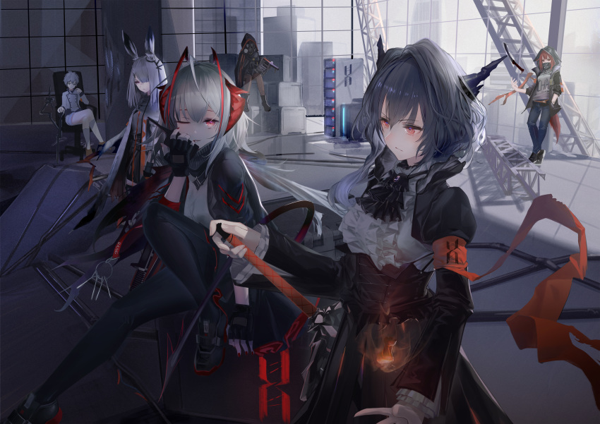 1boy 1other 4girls absurdres ambiguous_gender animal_ears arknights black_dress black_jacket black_skirt blue_pants breasts building chair city cloud cloudy_sky commentary covered_mouth crossed_legs crownslayer_(arknights) demon_girl demon_horns demon_tail detonator dragon_horns dress fingerless_gloves fire frilled_dress frills frostnova_(arknights) gas_mask gloves grenade_launcher grey_hair grey_shirt hair_over_one_eye highres horns indoors jacket knife mask me/r medium_breasts mephisto_(arknights) multicolored_hair multiple_girls one_eye_closed open_clothes open_jacket originium_arts_(arknights) pants pink_eyes rabbit_ears red_hair red_nails reunion_logo_(arknights) shirt short_hair shorts skirt skullshatterer_(arknights) sky streaked_hair sword tail talulah_(arknights) w_(arknights) weapon white_hair wolf_tail