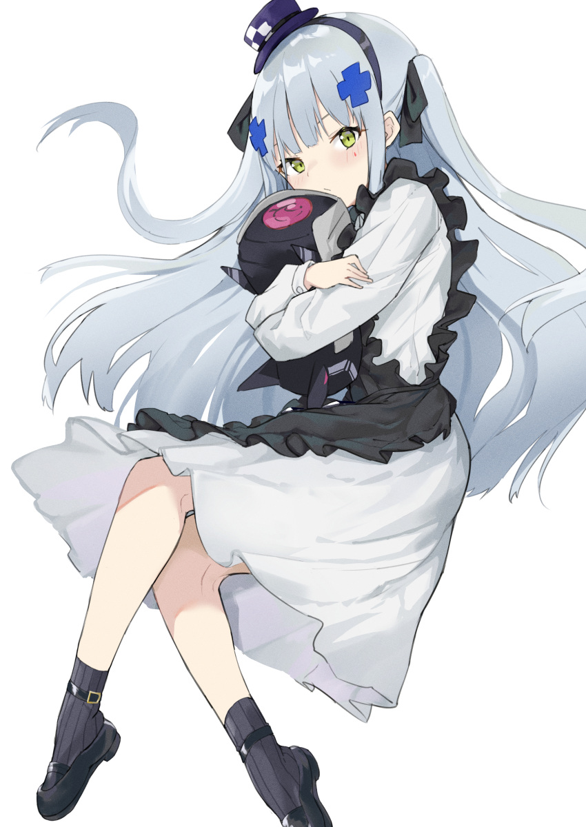 0shino absurdres apron black_apron black_footwear black_socks bow commentary_request dinergate_(girls'_frontline) dress female frilled_apron frills girls'_frontline green_eyes grey_hair hair_ornament hairband hairbow hat highres hk416_(black_kitty's_gift)_(girls'_frontline) hk416_(girls'_frontline) holding long_hair long_sleeves mini_hat non-humanoid_robot official_alternate_costume partial_commentary robot sangvis_ferri simple_background socks solo teardrop_facial_mark teardrop_tattoo twintails white_dress x_hair_ornament