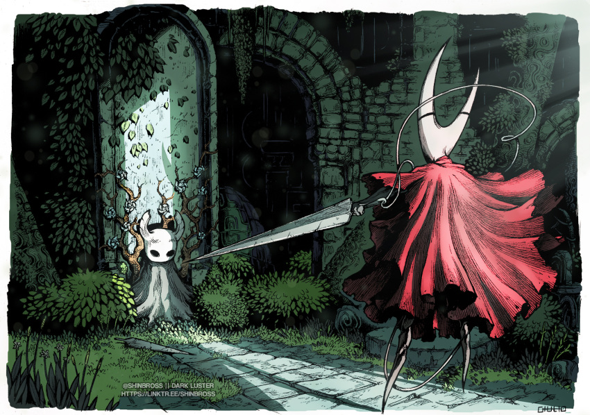 1other against_wall artist_name border branch bush cloak commentary crack cracked_wall english_commentary female flower grey_cloak hatching_(texture) holding holding_weapon hollow_knight hornet_(hollow_knight) knight_(hollow_knight) leaf light_particles light_rays nail_(hollow_knight) needle_(hollow_knight) plant red_cloak shinbross signature standing torn torn_cloak torn_clothes watermark weapon white_flower