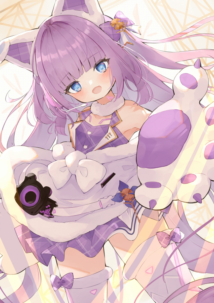 :d animal_ears azur_lane backlighting bare_shoulders bear_paws blue_eyes blunt_bangs blush boots bow breasts collarbone commentary_request fake_animal_ears female fur_choker hairbow head_tilt headgear highres long_hair looking_at_viewer open_mouth purple_bow purple_hair small_breasts smile solo standing tashkent_(azur_lane) tashkent_(muse)_(azur_lane) thigh_boots thighhighs very_long_hair waguri-rate white_thighhighs