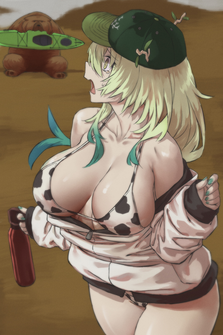 animal_print antlers aqua_hair baseball_cap bear bikini blonde_hair breasts ceres_fauna cow_print cow_print_bikini eating english_commentary female green_hair green_headwear green_nails haraya_manawari hat highres holding hololive hololive_english horns jacket kayak large_breasts long_hair long_sleeves off_shoulder open_clothes open_jacket open_mouth outdoors print_bikini sitting string_bikini sweatdrop swimsuit tears virtual_youtuber white_jacket yellow_eyes zipper_pull_tab