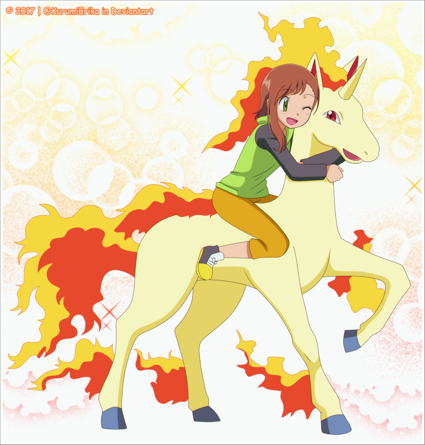 2017 abstract_background ambiguous_gender border brown_hair clothed clothing duo english_text equid equine fan_character female feral fire flaming_hair flaming_mane flaming_tail fur generation_1_pokemon green_eyes grey_border hair hi_res hooves horn human kurumierika mammal miriam nintendo open_mouth pokemon pokemon_(species) pseudo_hair pseudo_mane rapidash red_eyes riding signature tail text yellow_body yellow_fur