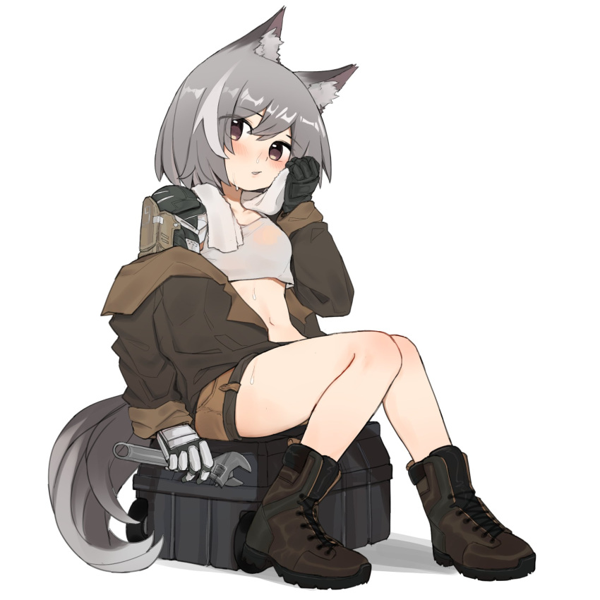 animal_ear_fluff animal_ears ankle_boots black_gloves blush bomber_jacket boots brown_eyes brown_footwear brown_jacket brown_shorts collarbone crate crop_top expressionless eyebrows_hidden_by_hair female fox_ears fox_girl fox_tail full_body gloves grey_hair grey_tail hair_between_eyes highres jaana_kettu jacket kpe934k0s282b2 looking_at_viewer mechanical_arms midriff navel off_shoulder open_clothes open_jacket original parted_lips prosthesis prosthetic_arm short_hair short_shorts shorts simple_background single_glove single_mechanical_arm sitting solo sweat tail tank_top towel towel_around_neck white_background white_tank_top white_towel wiping_face wiping_sweat wrench