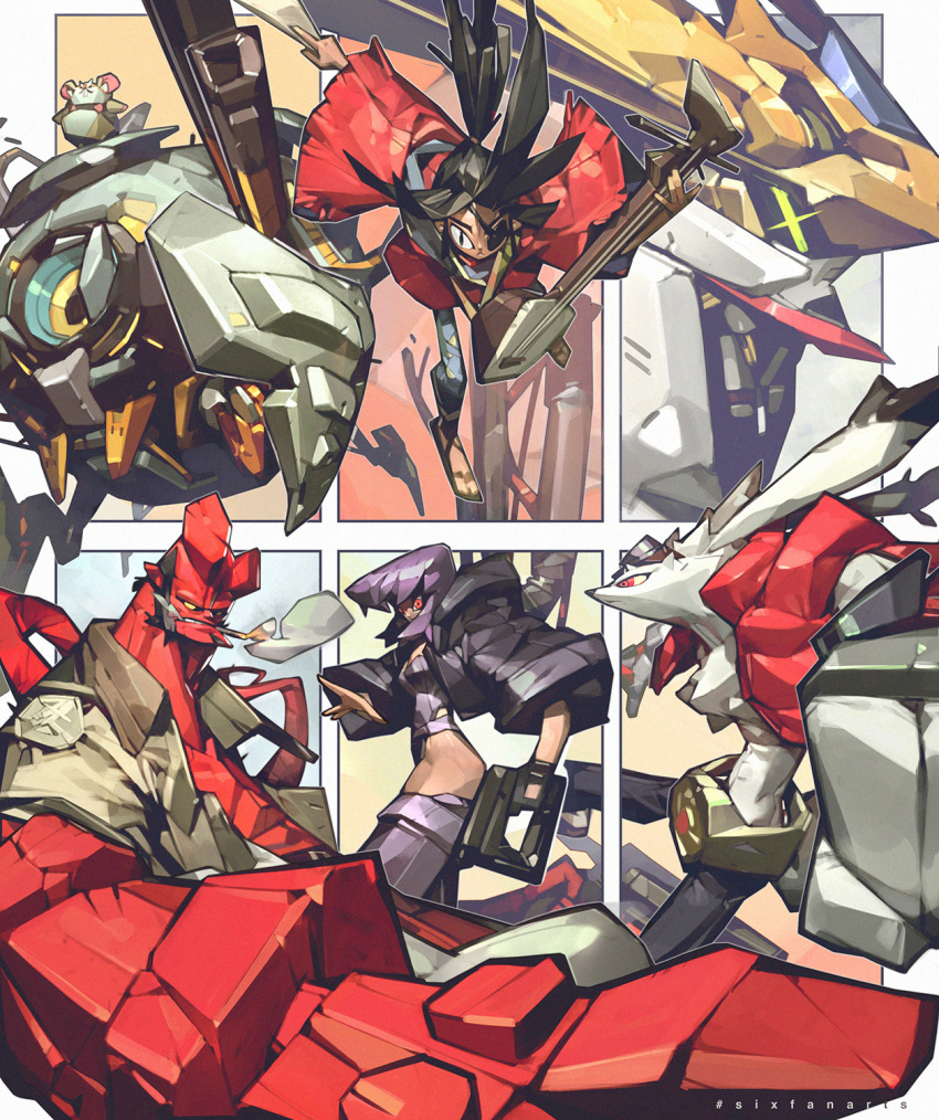 4boys black_eyes black_hair breasts brown_shirt clenched_hand colored_skin crop_top crossover english_commentary eyepatch female furry ghost_in_the_shell green_eyes gun gundam gundam_barbatos gundam_barbatos_lupus gundam_tekketsu_no_orphans hammond_(overwatch) hamster handgun hellboy hellboy_(comic) highres holding holding_gun holding_weapon jacket king_kazma kubo_(kubo_and_the_two_strings) kubo_and_the_two_strings kusanagi_motoko leaning_back mecha medium_breasts multiple_boys multiple_crossover multiple_drawing_challenge one_eye_covered open_hand overwatch overwatch_1 purple_hair red_eyes red_jacket red_skin robot science_fiction shirt sideburns six_fanarts_challenge smoking summer_wars tan_zhi_hui tied_hair v-fin weapon wrecking_ball_(overwatch) yellow_eyes