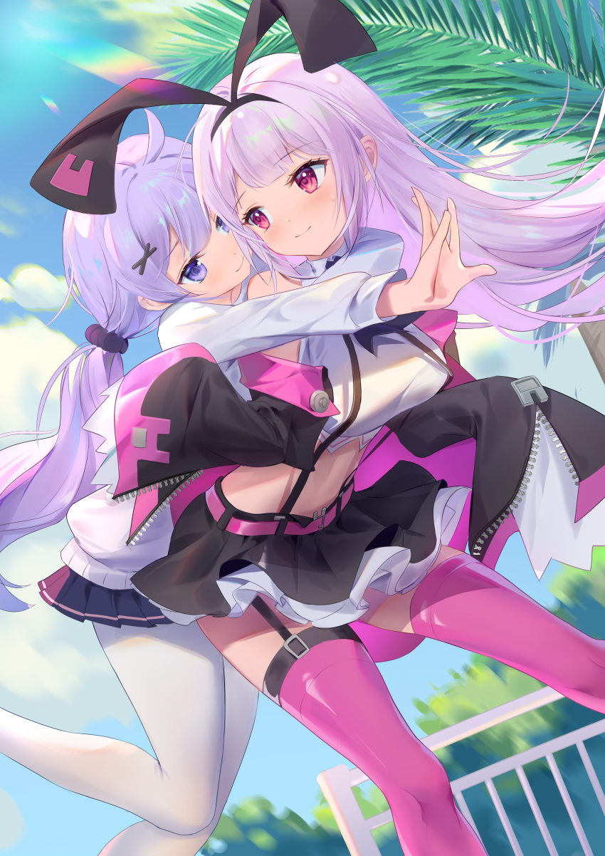 2girls absurdres ahoge azur_lane bare_shoulders belt belt_buckle black_hairband black_scrunchie black_skirt black_sleeves blue_sky blunt_bangs blush breasts buckle cardigan closed_mouth cloud collared_shirt commentary_request cowboy_shot crop_top day hair_between_eyes hair_ornament hair_scrunchie hairband highres hobby_(azur_lane) hug hug_from_behind layered_skirt light_rays long_hair long_sleeves looking_at_another low_twintails md5_mismatch medium_breasts midriff miniskirt multiple_girls navel official_alternate_costume outdoors pantyhose pink_belt pink_thighhighs pleated_skirt purple_eyes purple_hair railing red_eyes revision school_uniform scrunchie shirt sidelocks skirt sky sleeveless sleeveless_shirt sleeves_past_fingers sleeves_past_wrists smile somna standing standing_on_one_leg sunbeam sunlight suspender_skirt suspenders thighhighs tree twintails unicorn_(azur_lane) unicorn_(long-awaited_date)_(azur_lane) very_long_hair white_cardigan white_pantyhose white_shirt x_hair_ornament zettai_ryouiki