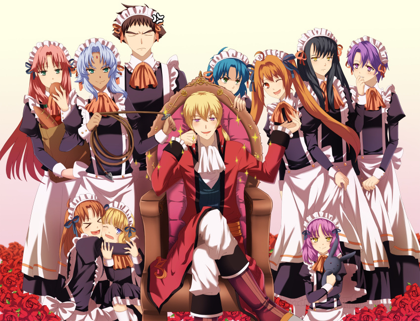 >_< 3boys 6+girls ;) ahoge alternate_costume anelace_elfead anger_vein apron ascot ayumi_(xiwu) black_hair blonde_hair blue_hair blush brown_hair closed_eyes crossdressing crossed_legs eiyuu_densetsu elbow_rest enmaided estelle_bright flower green_eyes hand_up highres hug josette_capua joshua_bright kloe_rinz long_hair looking_at_viewer maid maid_headdress mueller_vander multiple_boys multiple_girls olivert_reise_arnor one_eye_closed open_mouth otoko_no_ko parted_bangs purple_eyes red_flower red_hair red_rose renne_(eiyuu_densetsu) ries_argent rose scherazard_harvey short_hair sitting smile sora_no_kiseki tita_russell twintails waist_apron whip yellow_eyes