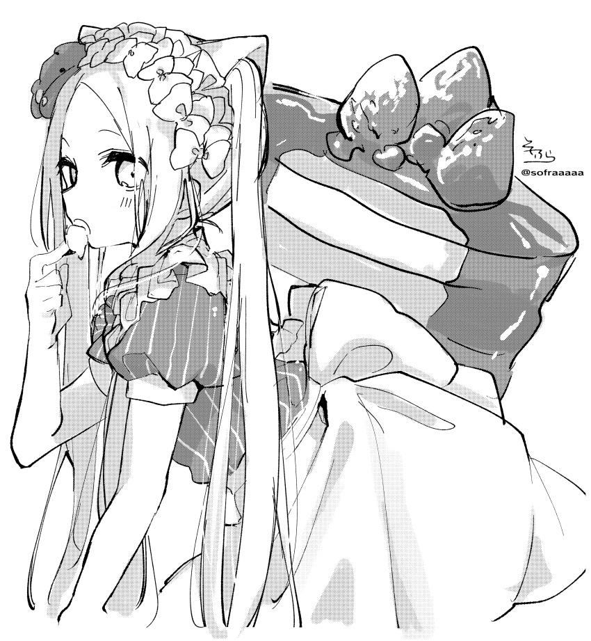 :o abigail_williams_(fate) abigail_williams_(heart_of_cooking)_(fate) absurdres alternate_costume apron blush bow fate/grand_order fate_(series) female food food_on_hand forehead frills fruit greyscale hairbow hand_up highres long_hair monochrome official_alternate_costume open_mouth pancake pancake_stack parted_bangs puffy_short_sleeves puffy_sleeves shirt short_sleeves signature simple_background sofra solo strawberry striped_clothes striped_shirt stuffed_animal stuffed_toy teddy_bear twintails twitter_username vertical-striped_clothes vertical-striped_shirt very_long_hair waist_apron white_background