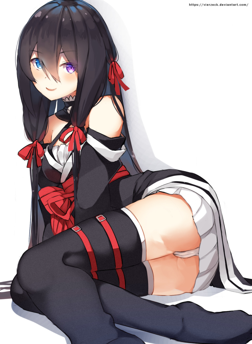 black_dress black_hair black_legwear black_skirt blue_eyes blush breasts deviantart_username dress eyebrows_visible_through_hair eyes_visible_through_hair female hair_ribbon heterochromia highres kirihime_yoruka long_hair lying medium_breasts off-shoulder_dress off_shoulder on_side panties pantyshot purple_eyes pussy_juice red_headwear red_legwear red_ribbon ribbon saijaku_muhai_no_bahamut simple_background skirt smile thigh_strap thighhighs underwear vierzeck white_background