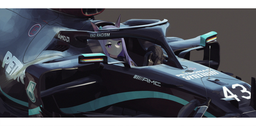 3d absurdres amd animal_ears aqua_ribbon arasaka_inu black_gloves blender_(medium) car chinese_commentary commentary cosplay driving english_commentary eyebrows female formula_one formula_racer gloves hair_ribbon highres horse_ears horse_girl lewis_hamilton lewis_hamilton_(cosplay) long_hair looking_ahead mejiro_mcqueen_(umamusume) mercedes-benz mercedes_w11 motor_vehicle petronas purple_eyes purple_hair race_vehicle racecar racing ribbon swept_bangs umamusume vehicle_focus