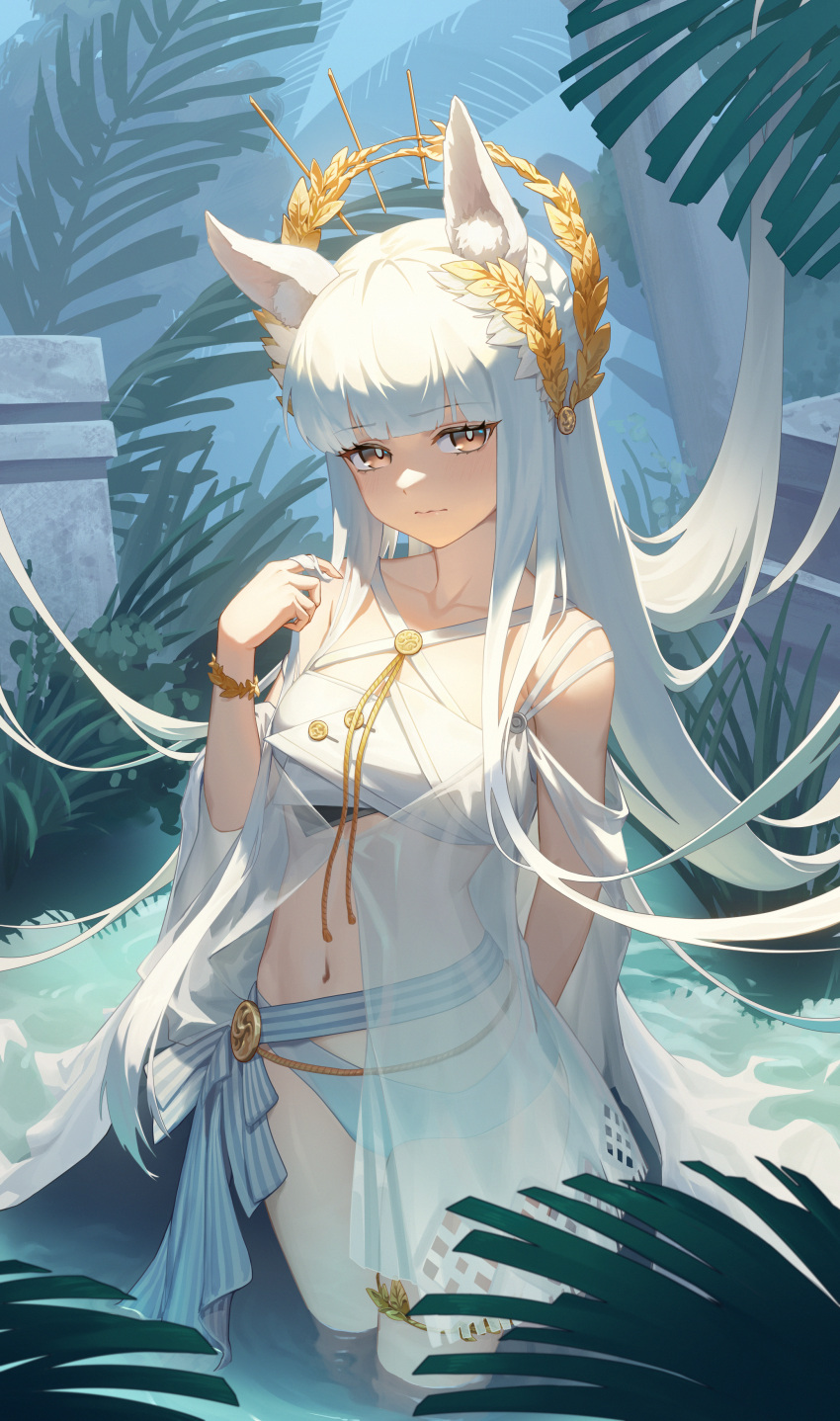 absurdres animal_ear_fluff animal_ears arknights arm_behind_back atkdog bare_shoulders bikini blunt_bangs bracelet breasts bright_pupils brown_eyes closed_mouth collarbone day female highres horse_ears jewelry laurel_crown long_hair looking_at_viewer nervous_smile official_alternate_costume outdoors plant platinum_(arknights) platinum_(shimmering_dew)_(arknights) pond small_breasts smile solo swimsuit swimsuit_cover-up twirling_hair very_long_hair wading water wavy_mouth white_bikini white_hair