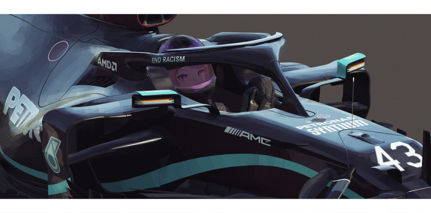 3d absurdres amd arasaka_inu black_gloves blender_(medium) car chinese_commentary commentary cosplay english_commentary female formula_one formula_racer gloves helmet highres horse_girl lewis_hamilton lewis_hamilton_(cosplay) long_hair looking_ahead mejiro_mcqueen_(umamusume) mercedes-benz mercedes_w11 motor_vehicle petronas purple_hair race_vehicle racecar racing umamusume vehicle_focus