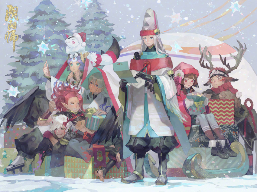 2girls 6+boys :o abe_no_seimei_(onmyoji) alternate_costume alternate_headwear angry antlers aqua_eyes black_footwear black_gloves black_hair black_sclera black_wings blonde_hair blue_eyes boots bow box brown_eyes brown_hair centauroid christmas clenched_hand clenched_teeth colored_sclera feathered_wings fox full_body fur_trim geta gift gift_box gloves hair_ornament hand_on_own_cheek hand_on_own_face hat highres holding holding_gift holding_paper horns ibaraki_douji_(onmyoji) japanese_clothes kagura_(onmyoji) kaguya_hime_(onmyoji) kimono kohaku_(onmyoji) leather leather_boots leather_gloves long_hair long_sleeves mittens multiple_boys multiple_girls nishihara_isao official_art onmyoji ootengu_(onmyoji) outdoors paper pointy_ears ponytail purple_eyes red_eyes red_hair ribbon sack santa_hat shishio_(onmyoji) short_hair shuten_douji_(onmyoji) sitting sled snow snowing tate_eboshi taur teeth tengu tree very_long_hair white_hair wide_sleeves wings yellow_eyes