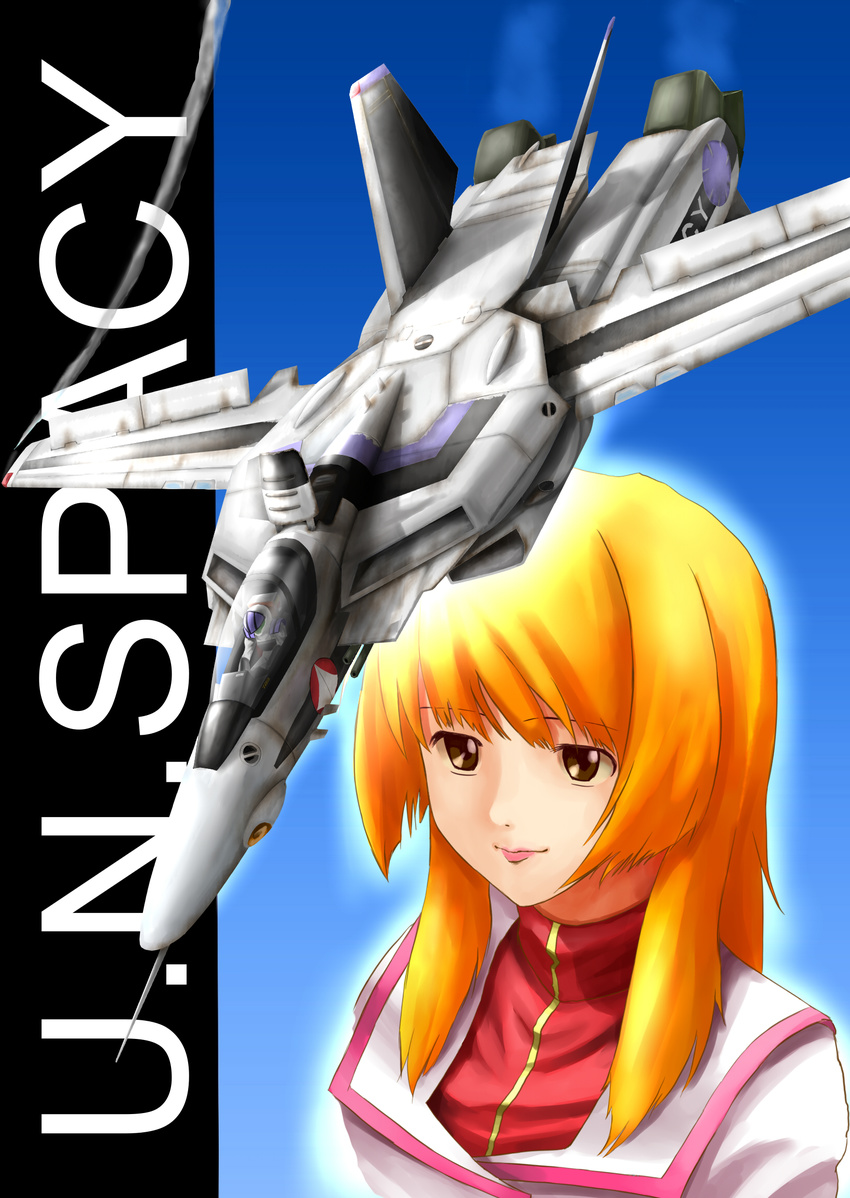 armor black_eyes choujikuu_yousai_macross cockpit emma_granger english_text female game_console helmet highres kats long_hair macross macross:_do_you_remember_love? mecha military military_uniform orange_hair pilot pilot_suit playstation_2 robot spacesuit u.n._spacy uniform vf-1 vf-1s video_game