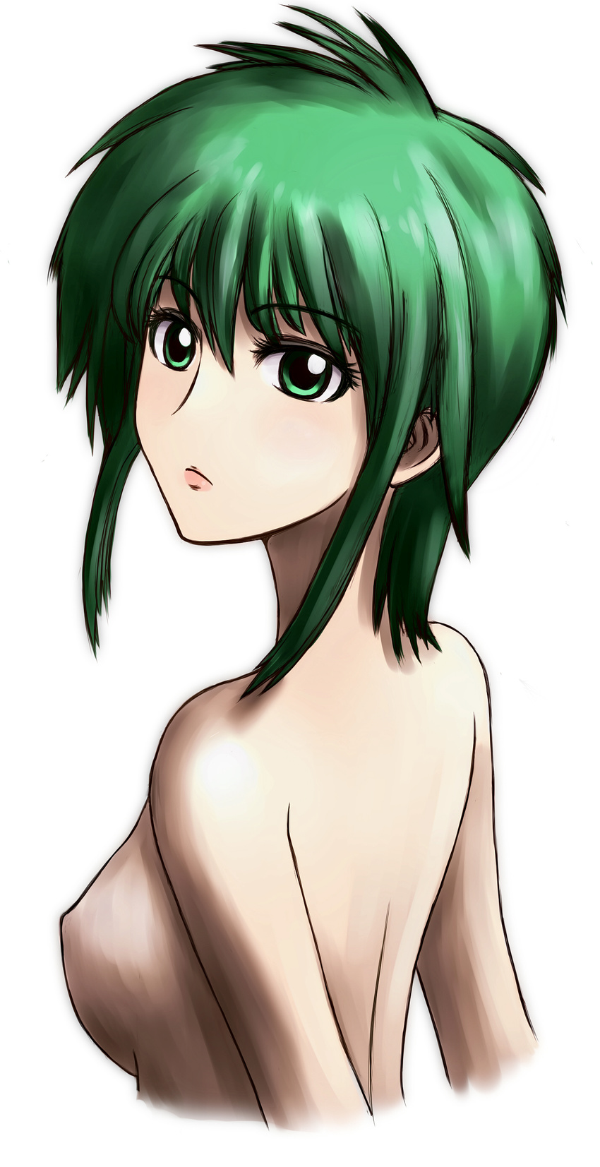 absurdres asellus breasts female green_eyes green_hair highres looking_back nude saga saga_frontier short_hair solo under7 white_background