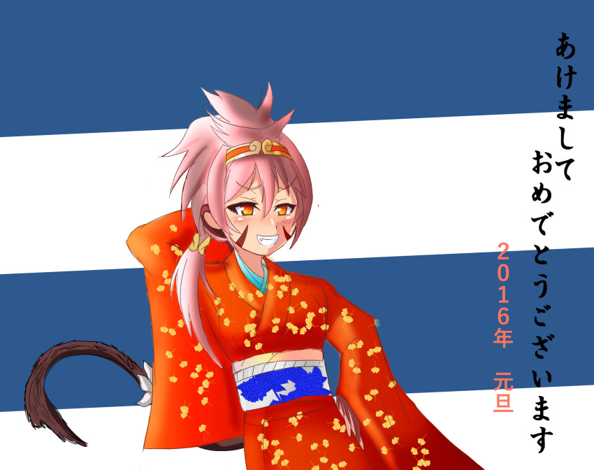 animal_ears arm_behind_head atuba brown_hair chinese_zodiac commentary_request female grin hair_between_eyes hair_ornament highres japanese_clothes jewelry kakuen_(monster_girl_encyclopedia) kimono monkey monkey_ears monkey_girl monkey_tail monster_girl monster_girl_encyclopedia orange_hair orange_kimono simple_background smile solo tail teeth translation_request