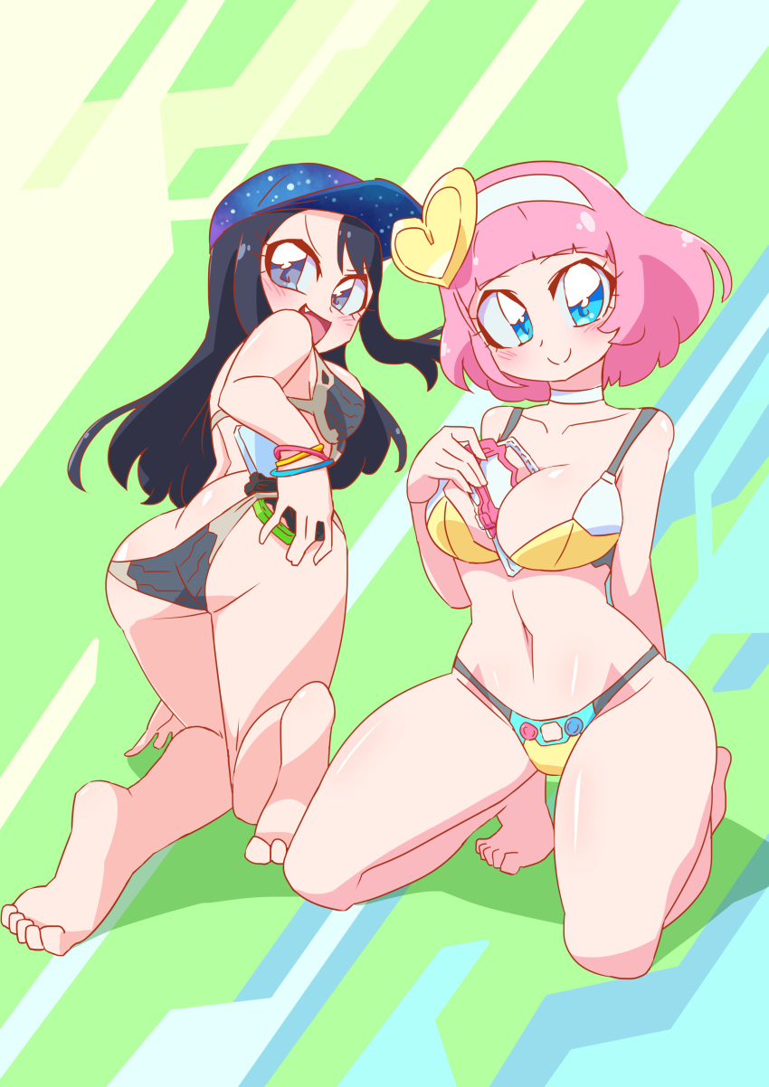 2girls absurdres adapted_costume ass baseball_cap between_breasts bikini black_bikini black_hair blue_eyes blush breasts collarbone commentary_request from_behind hat highres kamen_rider kamen_rider_ex-aid_(series) kneeling large_breasts looking_at_viewer looking_back multiple_girls navel oerba_yun_fang open_mouth otokamu pink_eyes pink_hair poppi_pipopapo rider_gashat saiba_niko shiny_skin short_hair smile swimsuit yellow_bikini