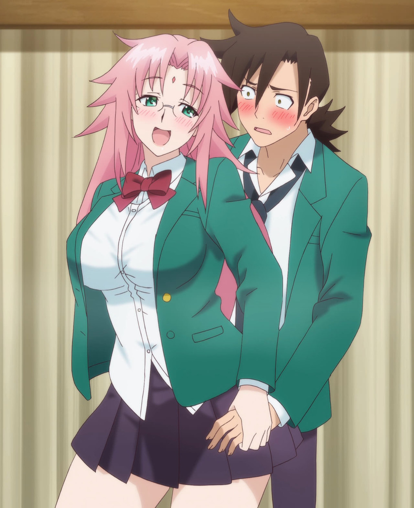 1boy anime_screenshot arahabaki_nonko female fuyuzora_kogarashi glasses green_eyes highres long_hair pink_hair pleated_skirt school_uniform skirt stitched straight third-party_edit yuragisou_no_yuuna-san