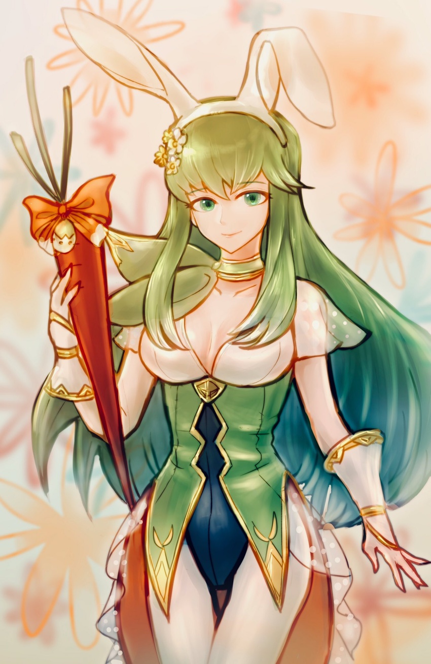 animal_ears bad_id bad_twitter_id breasts carrot choker closed_mouth commentary_request fake_animal_ears feh_xeri female fire_emblem fire_emblem:_mystery_of_the_emblem fire_emblem_heroes flower green_eyes green_hair hair_flower hair_ornament highres holding leotard long_hair medium_breasts palla_(fire_emblem) palla_(spring)_(fire_emblem) pantyhose rabbit_ears smile solo white_pantyhose