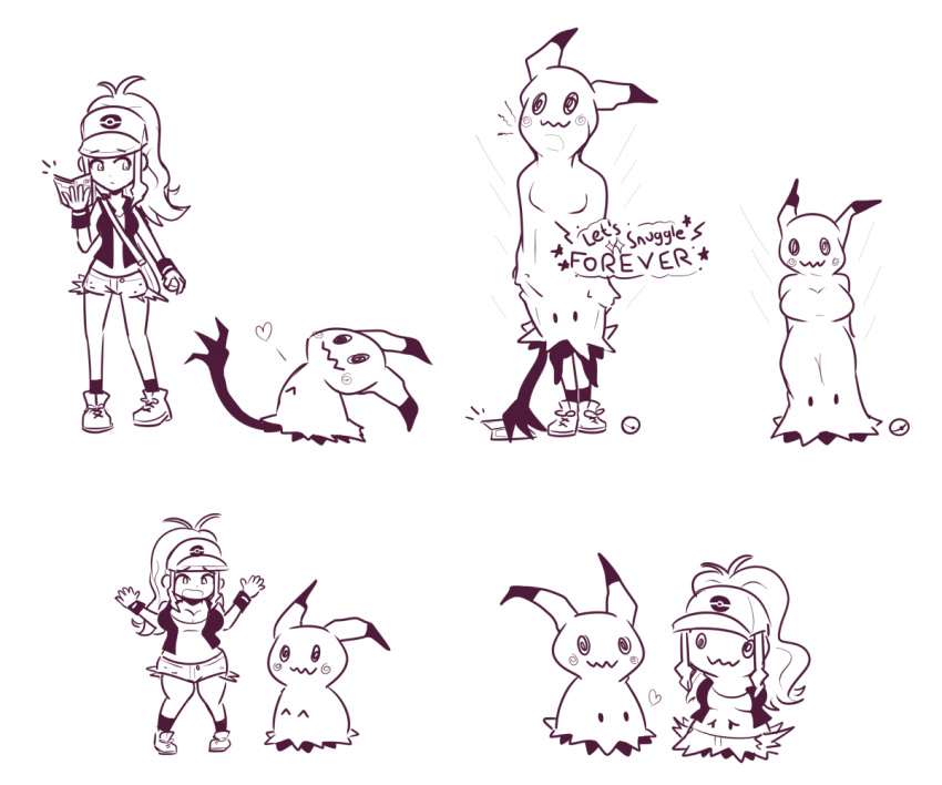 2018 6:5 alternate_species ambiguous_gender assimilation bag bottomwear bracelet breasts closed_eyes clothed clothing dialogue duo english_text female footwear generation_7_pokemon gesture hair hat headgear headwear heart_symbol hilda_(pokemon) human inksgirls interspecies jewelry legwear mammal mimikyu monochrome motion_lines nintendo not_furry pokeball pokedex pokemon pokemon_(species) pokephilia sad sequence shoes short_stack short_stackification shorts shrinking simple_background size_transformation smile socks standard_pokeball standing star surprise text transformation transformation_sequence waving white_background