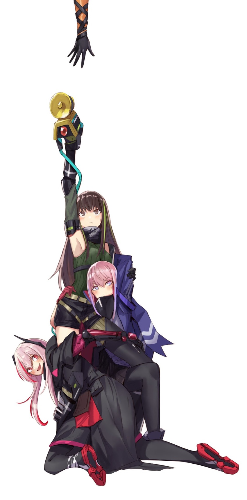 3girls :d arm_up armpits asymmetrical_legwear banana_(girls'_frontline) bare_shoulders belt black_footwear black_gloves black_shirt black_shorts black_skirt black_socks blue_eyes blush breasts brown_eyes brown_hair closed_mouth commentary detached_sleeves dinergate_(girls'_frontline) girls'_frontline gloves green_shirt green_skirt gundam gundam_narrative headgear highres jacket kneeling korean_commentary long_hair looking_at_another looking_at_viewer looking_up m16a1_(girls'_frontline) m4_sopmod_ii_(girls'_frontline) m4_sopmod_ii_(mod3)_(girls'_frontline) m4a1_(girls'_frontline) m4a1_(mod3)_(girls'_frontline) mask medium_breasts mismatched_legwear multicolored_hair multiple_girls narrative_formation non-humanoid_robot open_mouth parody pink_hair purple_jacket ranyu red_eyes red_hair ro635_(girls'_frontline) robot shirt shorts sidelocks simple_background skirt skull_mask skull_print smile socks st_ar-15_(girls'_frontline) st_ar-15_(mod3)_(girls'_frontline) streaked_hair striped sweatdrop v-shaped_eyebrows vertical_stripes white_background