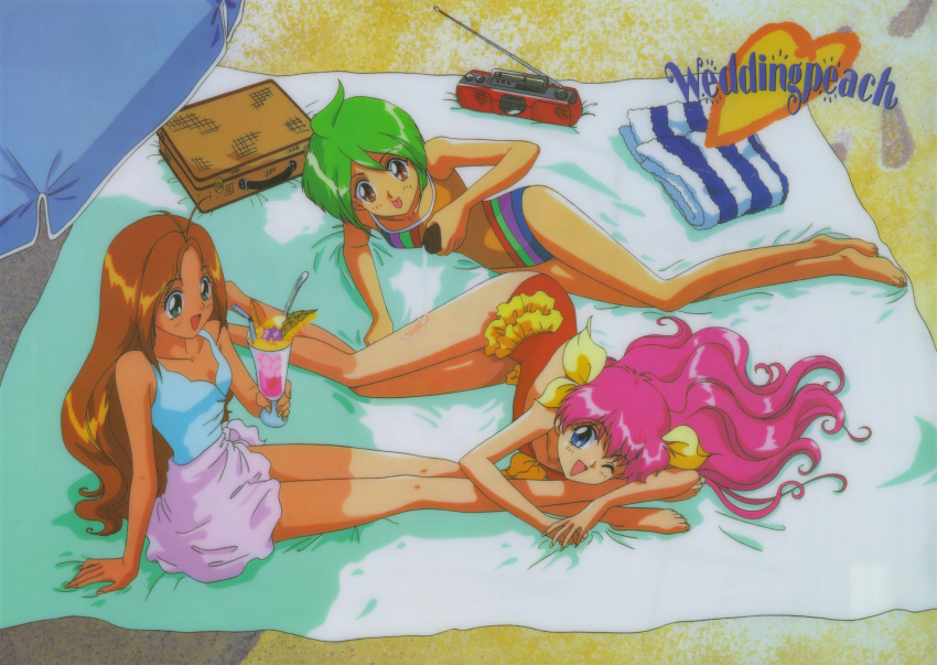 1990s_(style) 3girls ai_tenshi_densetsu_wedding_peach applying_sunscreen barefoot beach beach_umbrella blanket blue_eyes boombox bottle bow brown_eyes brown_hair casual_one-piece_swimsuit copyright_name day drink footprints from_behind green_eyes green_hair hanasaki_momoko highres holding holding_bottle ichiishi_sayuri legs long_hair lotion lying magical_girl multiple_girls non-web_source one-piece_swimsuit one_eye_closed open_mouth pink_hair pink_sarong pouring purple_sarong radio retro_artstyle sarong scan shade short_hair sitting smile sunscreen swimsuit tamano_hinagiku tanima_yuri tongue towel tropical_drink umbrella yellow_bow