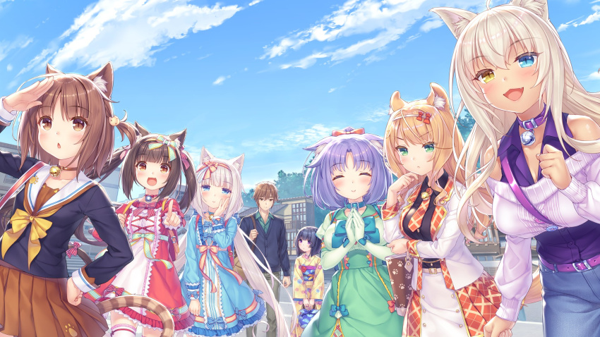 1boy 6+girls animal_ears azuki_(nekopara) bell bow cat_ears cat_girl cat_tail chocola_(nekopara) cinnamon_(nekopara) coconut_(nekopara) highres jingle_bell maple_(nekopara) minazuki_kashou minazuki_shigure multiple_girls nekopara sayori_(neko_works) tail vanilla_(nekopara)