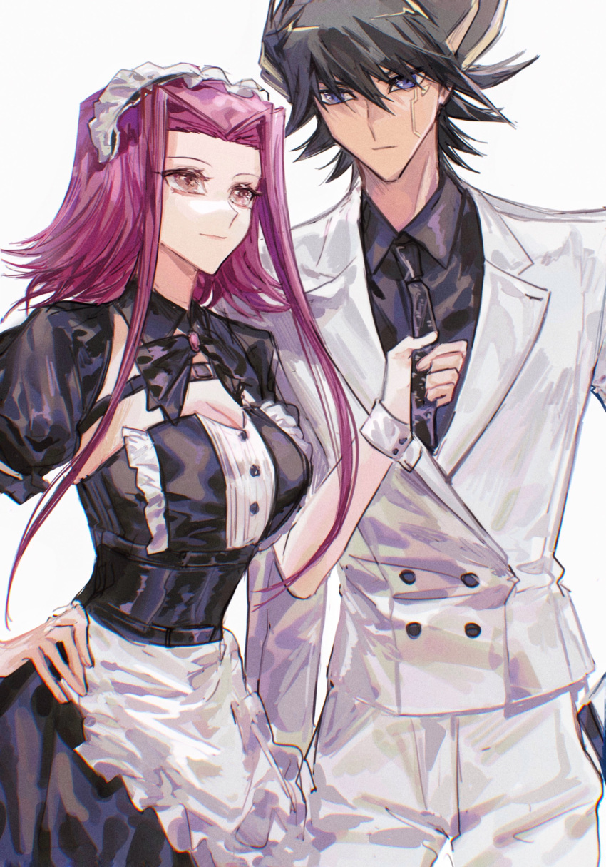 1boy absurdres alternate_costume apron bad_id bad_pixiv_id black_bow black_bowtie black_hair black_necktie black_shirt black_skirt black_sleeves blonde_hair blue_eyes bow bowtie breasts brown_eyes cleavage closed_mouth collared_shirt enmaided facial_mark female fudo_yusei hair_between_eyes hair_intakes hand_on_own_hip highres izayoi_aki jacket large_breasts long_hair maid maid_headdress multicolored_hair naoki_(2rzmcaizerails6) necktie necktie_grab neckwear_grab pants red_hair shirt short_hair_with_long_locks short_sleeves simple_background skirt smile two-tone_hair underbust waist_apron white_apron white_background white_jacket white_pants wing_collar yu-gi-oh! yu-gi-oh!_5d's