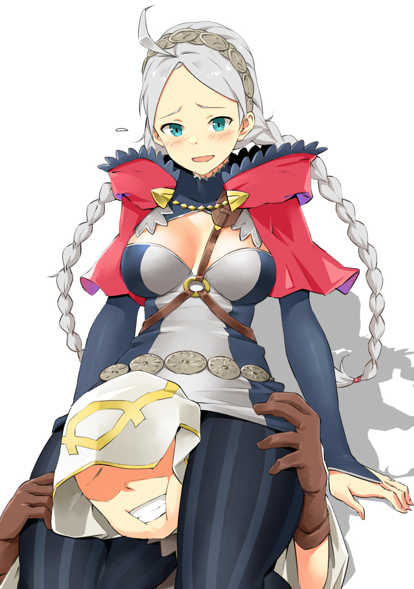 1boy absurdres ahoge belt blue_eyes braid capelet chest_harness commission commissioner_upload couple female fire_emblem fire_emblem_fates fire_emblem_heroes gloves grey_hair hairband hand_on_another's_thigh harness head_between_thighs highres hood hooded_capelet igni_tion kiran_(fire_emblem) kiran_(male)_(fire_emblem) leather leather_gloves low_twin_braids nina_(fire_emblem) o-ring o-ring_harness open_mouth parted_bangs scissorhold straight thigh_grab thighs twin_braids twintails