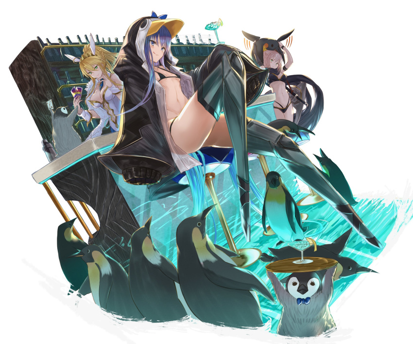 3girls animal_hood arms_up artoria_pendragon_(fate) artoria_pendragon_(swimsuit_ruler)_(fate) bar_(place) bikini bird black_bikini black_jacket blonde_hair blue_bow blue_eyes blue_necktie blush bottle bow breasts card choker cleavage clothing_cutout cocktail_glass commentary cup detached_collar drinking_glass fate/grand_order fate_(series) feather_boa green_eyes hair_between_eyes highres hood hood_up jacket katana knee_up large_breasts leotard licking_lips long_hair looking_at_viewer meltryllis_(fate) meltryllis_(swimsuit_lancer)_(fate) meltryllis_(swimsuit_lancer)_(first_ascension)_(fate) multiple_girls navel navel_cutout necktie okita_j._souji_(fate) okita_j._souji_(first_ascension)_(fate) okita_souji_(fate) open_clothes open_jacket pantyhose penguin penguin_hood playing_card prosthesis prosthetic_leg short_hair sidelocks sitting sleeves_past_fingers sleeves_past_wrists small_breasts smile stool swimsuit sword tiara tongue tongue_out tray weapon white_leotard yatsuka_(846)