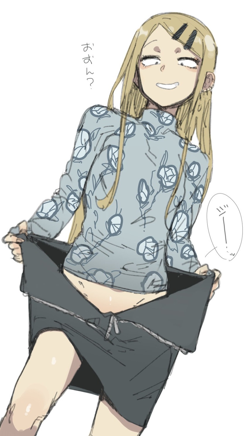 bad_id bad_twitter_id black_eyes blonde_hair covered_navel dagashi_kashi ear_piercing earrings endou_saya ettone feet_out_of_frame female flat_chest grin hair_ornament hairclip highres jewelry long_hair long_sleeves looking_at_viewer looking_down miniskirt pencil_skirt piercing print_shirt sanpaku shirt simple_background skirt sleeves_past_wrists smile solo turtleneck unzipped very_long_hair white_background zipper_skirt