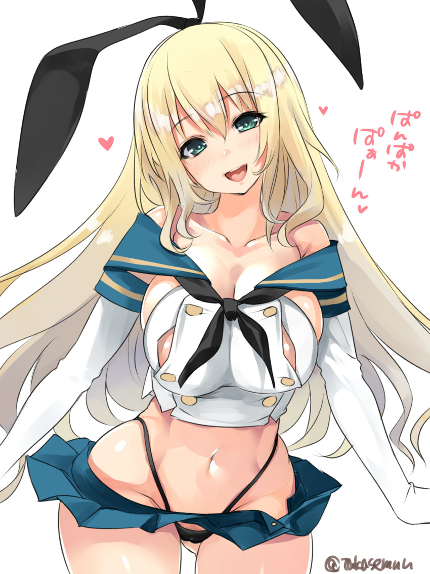 adapted_costume ass_visible_through_thighs atago_(kancolle) black_hairband black_neckerchief black_panties blonde_hair blue_sailor_collar blue_skirt breasts commentary_request cosplay cowboy_shot crop_top elbow_gloves female gloves green_eyes hairband highleg highleg_panties highres kantai_collection large_breasts long_hair looking_at_viewer microskirt miniskirt neckerchief one-hour_drawing_challenge pan-pa-ka-paaan! panties pleated_skirt sailor_collar shimakaze_(kancolle) shimakaze_(kancolle)_(cosplay) simple_background skirt smile solo standing takase_muh thighhighs twitter_username underwear white_background white_gloves