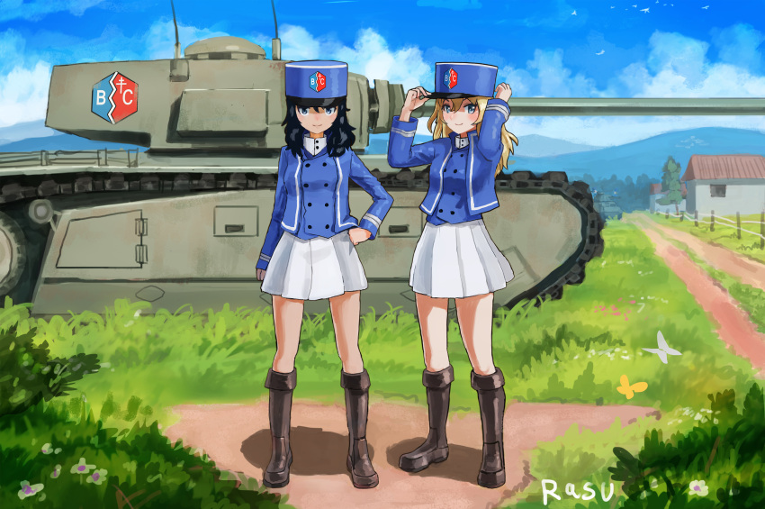 2girls andou_(girls_und_panzer) arl-44 artist_name bc_freedom_(emblem) bc_freedom_military_uniform black_hair blonde_hair blue_eyes blue_headwear blue_jacket blue_vest boots brown_footwear dark-skinned_female dark_skin dnjd15411541 dress_shirt emblem full_body girls_und_panzer hat high_collar highres jacket kepi knee_boots long_sleeves looking_at_viewer medium_hair messy_hair military military_hat military_vehicle motor_vehicle multiple_girls oshida_(girls_und_panzer) outdoors pleated_skirt shirt skirt smile tank vest white_shirt white_skirt