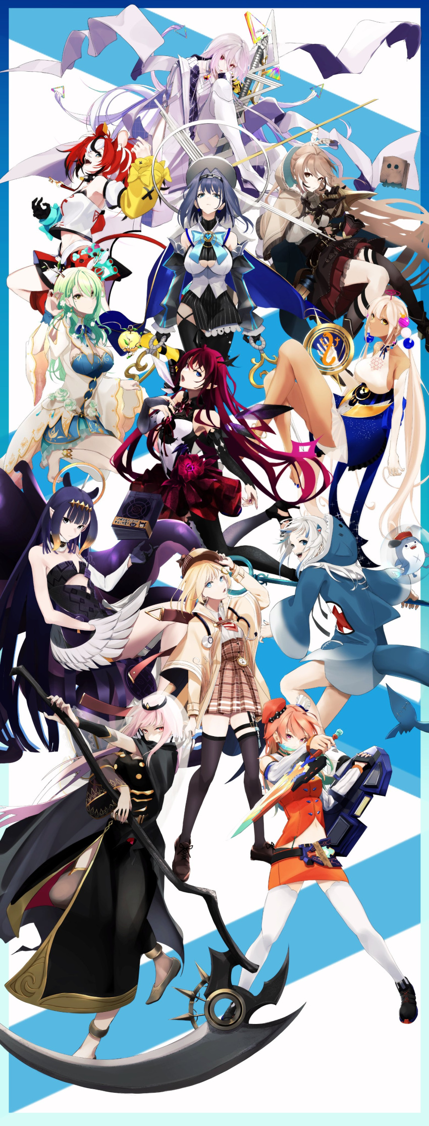 6+girls absurdres animal_ears antlers ao-chan_(ninomae_ina'nis) apple bag barefoot beret black_cape black_dress black_footwear blonde_hair bloop_(gawr_gura) blue_eyes blue_hair blue_hoodie bodysuit book breasts brown_skirt bubble cape ceres_fauna ceres_fauna_(1st_costume) collared_shirt dagger dark-skinned_female dark_skin detached_sleeves dice_hair_ornament dress dual_wielding earrings everyone feather_earrings feathers fins fish_tail food friend_(nanashi_mumei) fruit gawr_gura gawr_gura_(1st_costume) gradient_hair green_hair grey_hair hair_behind_ear hair_intakes hair_ornament hakos_baelz hakos_baelz_(1st_costume) halo hand_on_own_chest hat heterochromia high-waist_skirt highres holding holding_dagger holding_knife holding_scythe holding_shield holding_sword holding_weapon holocouncil hololive hololive_english holomyth hood hoodie horns irys_(hololive) irys_(irys_1.0)_(hololive) jewelry kaniko_(tsukumo_sana) katana knife limiter_(tsukumo_sana) long_hair looking_at_viewer low_wings mechanical_halo medium_breasts mole mole_under_eye mori_calliope mori_calliope_(1st_costume) mouse_ears mouse_girl multicolored_hair multiple_girls multiple_horns nanashi_mumei nanashi_mumei_(1st_costume) navel necktie ninomae_ina'nis ninomae_ina'nis_(1st_costume) omega_alpha open_mouth orange_hair orange_hat ouro_kronii ouro_kronii_(1st_costume) paper_bag pink_eyes pink_hair pointy_ears purple_eyes purple_skirt red_hair red_necktie scythe shark_tail shield shirt short_hair short_necktie sideboob single_detached_sleeve skirt smile spikes strapless strapless_dress streaked_hair sword t-one tail takanashi_kiara takanashi_kiara_(1st_costume) tentacle_hair thighhighs tiara tsukumo_sana tsukumo_sana_(1st_costume) tube_dress tube_top twintails two_side_up veil very_long_hair virtual_youtuber watson_amelia watson_amelia_(1st_costume) weapon white_bodysuit white_shirt wings yellow_eyes