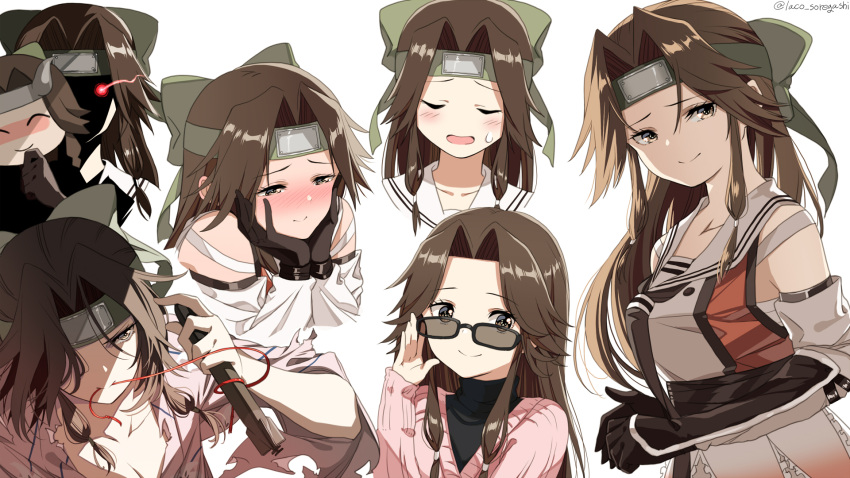 black_gloves black_sweater blush bow brown_eyes brown_hair closed_eyes elbow_gloves female gloves glowing glowing_eye green_bow hair_over_one_eye hairbow headband highres holding holding_mask holding_torpedo japanese_clothes jintsuu_(kancolle) jintsuu_kai_ni_(kancolle) kantai_collection laco_soregashi long_hair mask multiple_views nose_blush open_mouth sailor_collar sidelocks simple_background sleeveless smile sunglasses sweat sweater torn_clothes torpedo turtleneck twitter_username white_background