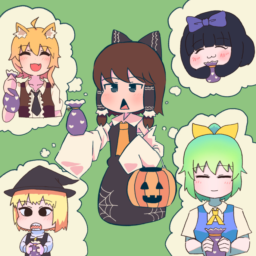 4girls :3 ahoge alternate_color alternate_eye_color animal_ears asymmetrical_hair basket black_bow black_eyes black_hair black_headwear black_necktie black_vest blonde_hair blue_vest blush bow brown_hair brown_vest closed_eyes closed_mouth collared_shirt commentary_request cookie_(touhou) daiyousei detached_sleeves diyusi_(cookie) dress fox_ears fox_girl frilled_hair_tubes frills full_body gogogo_(cookie) green_background green_hair hair_tubes hairbow hakurei_reimu halloween hat highres jack-o'-lantern kirisame_marisa long_sleeves medium_hair mini_person minigirl miramikaru_riran multiple_girls necktie oerba_yun_fang open_mouth ponytail psychic_parrot purple_bow sakenomi_(cookie) sharp_teeth shirt short_sleeves shunga_youkyu sidelocks sleeveless sleeveless_dress smile spider_web_print star_sapphire teeth thought_bubble touhou triangle_mouth turtleneck upper_body vest white_shirt white_sleeves witch_hat yellow_bow yellow_necktie yukkuri_shiteitte_ne