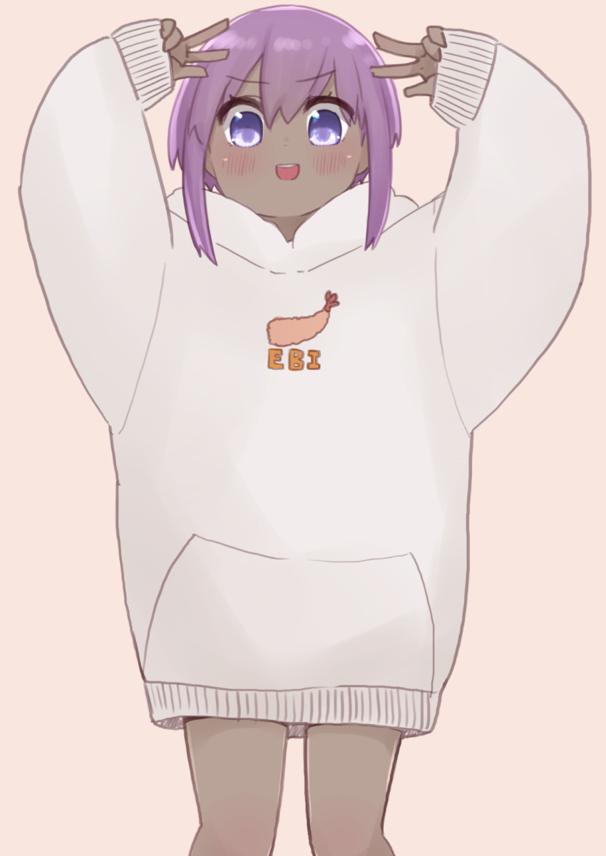 :d arms_up blush brown_background commentary_request dark-skinned_female dark_skin fate/prototype fate/prototype:_fragments_of_blue_and_silver fate_(series) feet_out_of_frame female hair_between_eyes hassan_of_serenity_(fate) highres hood hood_down hoodie i.u.y long_sleeves looking_at_viewer open_mouth purple_eyes purple_hair romaji_text simple_background sleeves_past_wrists smile solo teeth upper_teeth_only very_dark_skin white_hoodie