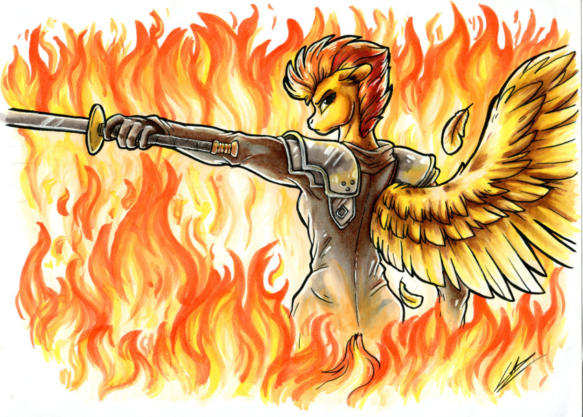 absurd_res anthro anthrofied armor clothing equid equine female fire friendship_is_magic gloves handwear hasbro hi_res inferno lupiarts mammal melee_weapon my_little_pony mythological_creature mythological_equine mythology pegasus solo spitfire_(mlp) sword weapon wings wonderbolts_(mlp)